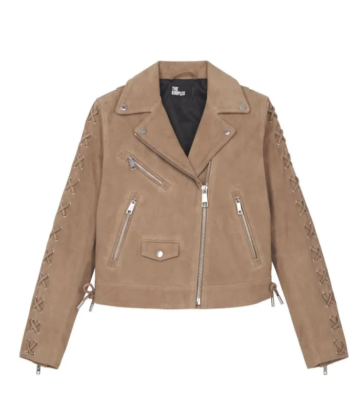 Women Beige Suede Leather Biker Jacket THE KOOPLES Coats and Jackets