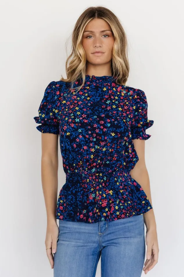 Women Beth Peplum Top Blue Multi Baltic Born Blouses and Shirts