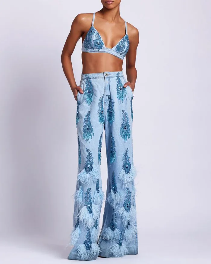 Women Bottoms PatBO HandBeaded Denim And Feather Jeans FINAL SALE Denim