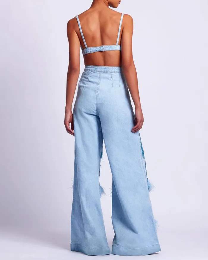 Women Bottoms PatBO HandBeaded Denim And Feather Jeans FINAL SALE Denim