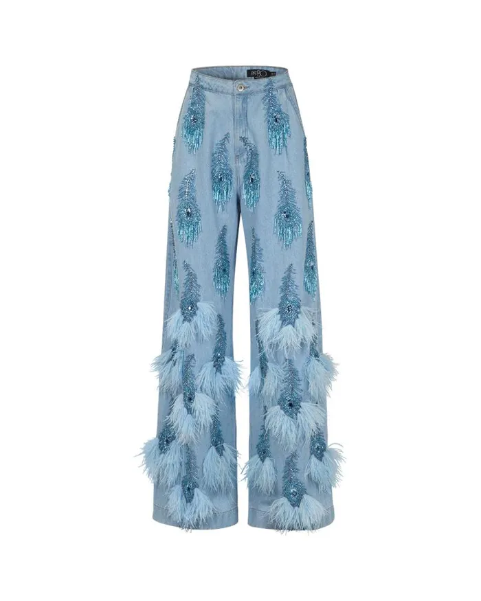 Women Bottoms PatBO HandBeaded Denim And Feather Jeans FINAL SALE Denim