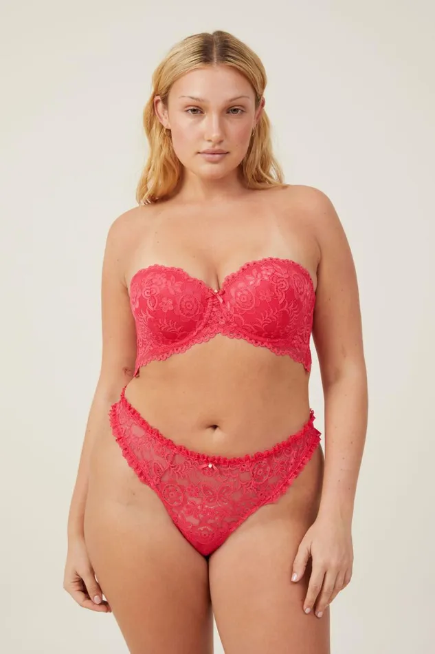 Women Bras Cotton On Butterfly Lace Strapless Push Up2 Bra Rose Red