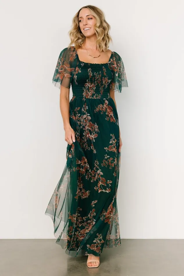 Women Cassandra Tulle Maxi Dress Green Bronze Floral Baltic Born Tulle Styles