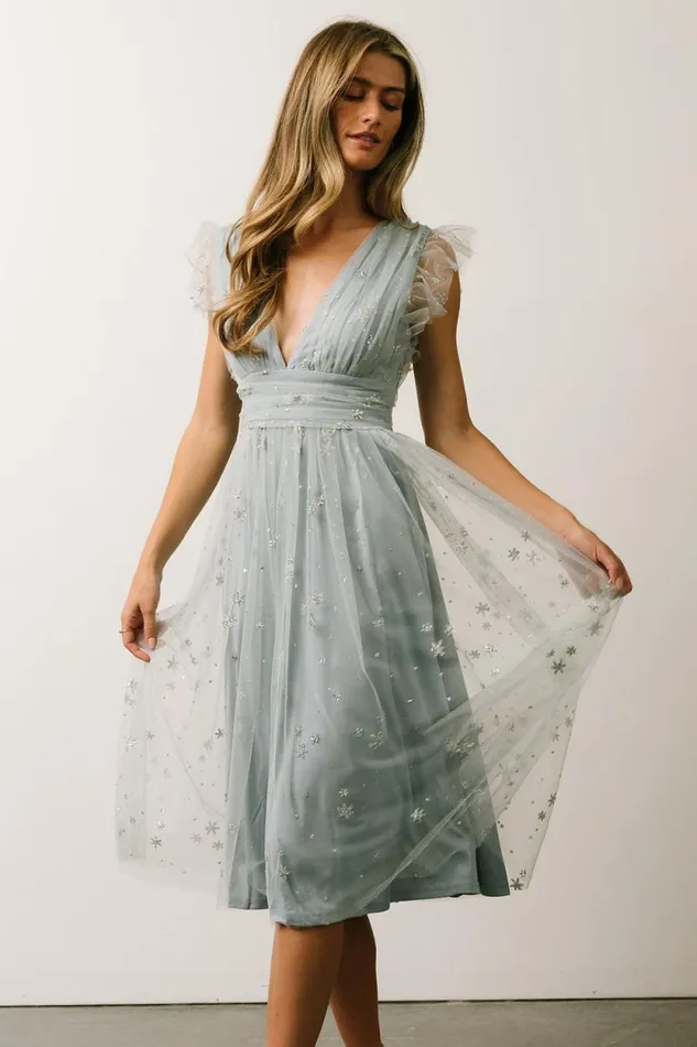 Women Chiara Shimmer Midi Dress Dusty Blue Silver Baltic Born Embellished and Sequined Women Chiara Shimmer Midi Dress Dusty Blue Silver Baltic Born Embellished and Sequined
