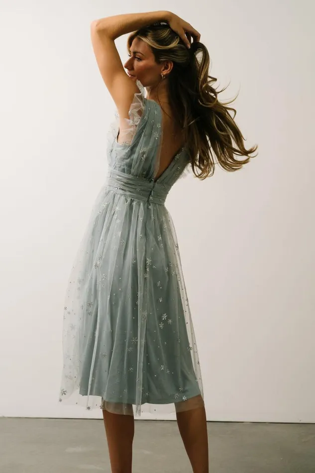 Women Chiara Shimmer Midi Dress Dusty Blue Silver Baltic Born Embellished and Sequined Women Chiara Shimmer Midi Dress Dusty Blue Silver Baltic Born Embellished and Sequined