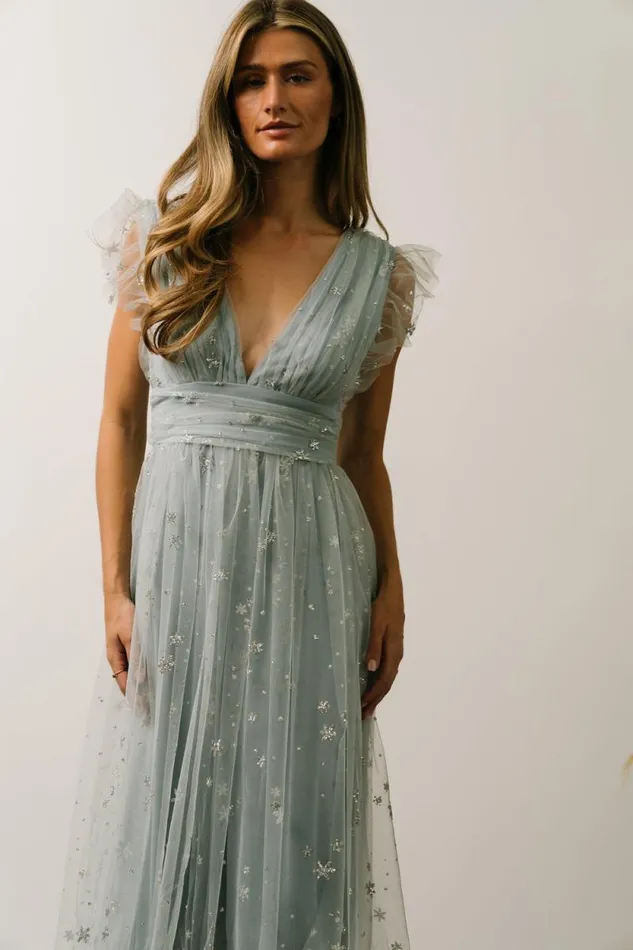 Women Chiara Shimmer Midi Dress Dusty Blue Silver Baltic Born Embellished and Sequined Women Chiara Shimmer Midi Dress Dusty Blue Silver Baltic Born Embellished and Sequined