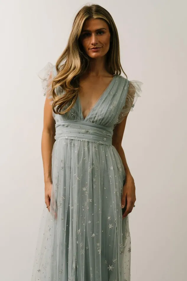 Women Chiara Shimmer Midi Dress Dusty Blue Silver Baltic Born Embellished and Sequined Women Chiara Shimmer Midi Dress Dusty Blue Silver Baltic Born Embellished and Sequined