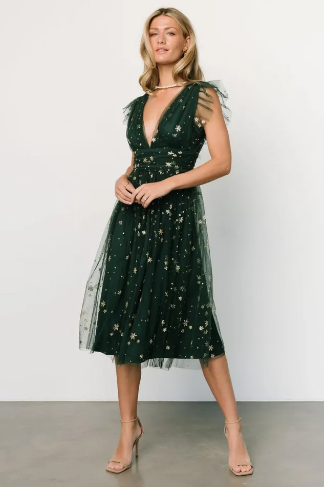 Women Chiara Shimmer Midi Dress Green Gold Baltic Born Embellished and Sequined