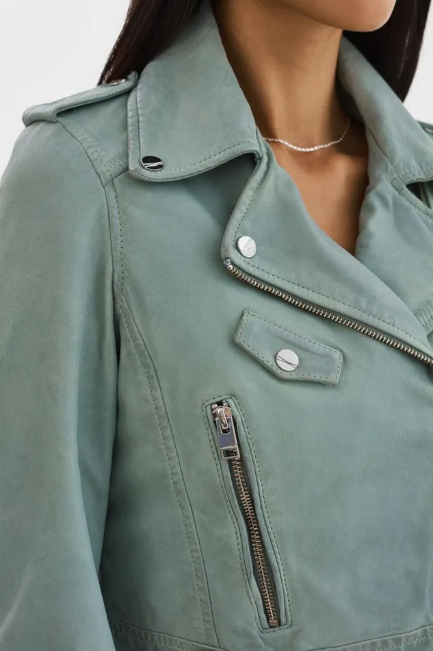 Women CIARA Cropped Leather Biker Jacket Eucalyptus LAMARQUE Leather Jackets Women CIARA Cropped Leather Biker Jacket Eucalyptus LAMARQUE Leather Jackets