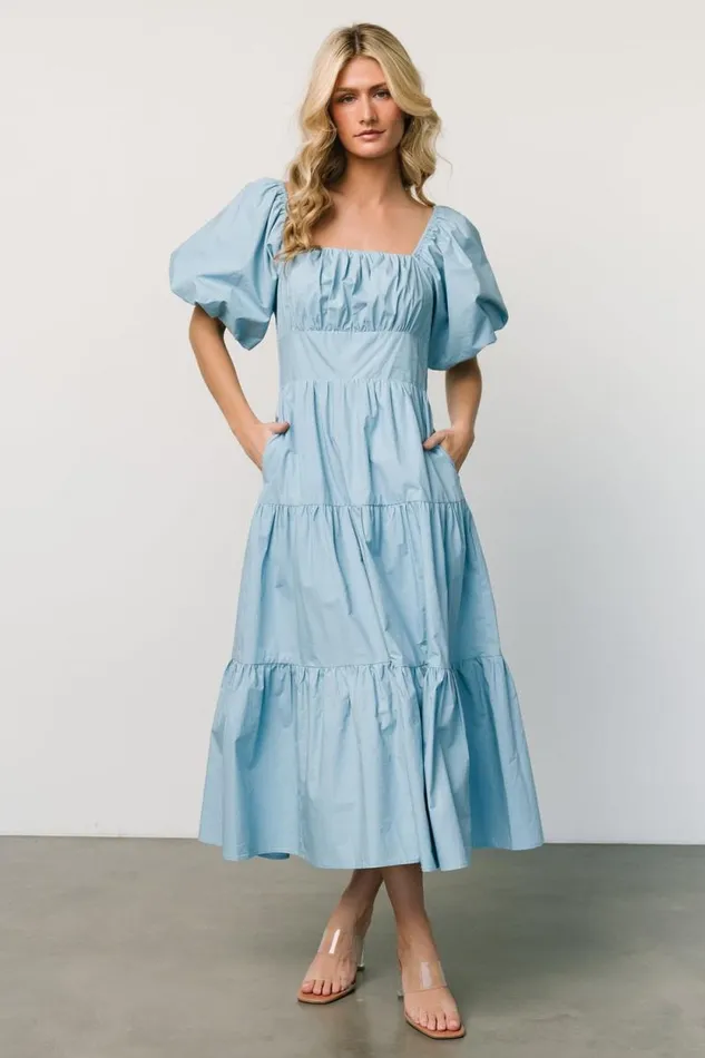 Women Cindy Puff Sleeve Tiered Dress Blue Baltic Born Midi Dresses