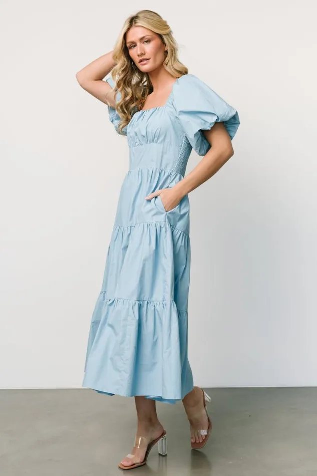Women Cindy Puff Sleeve Tiered Dress Blue Baltic Born Midi Dresses Women Cindy Puff Sleeve Tiered Dress Blue Baltic Born Midi Dresses