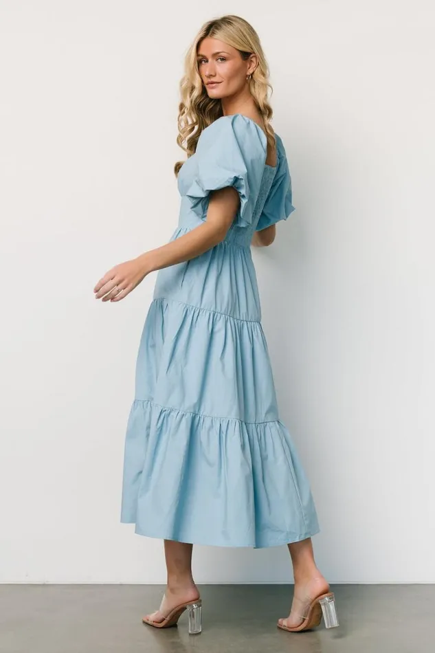 Women Cindy Puff Sleeve Tiered Dress Blue Baltic Born Midi Dresses Women Cindy Puff Sleeve Tiered Dress Blue Baltic Born Midi Dresses