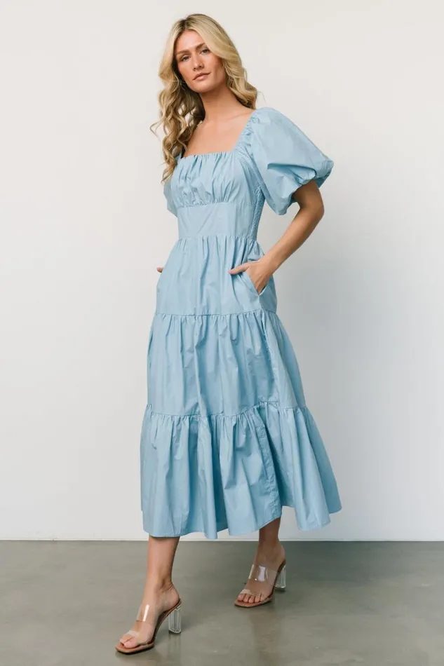 Women Cindy Puff Sleeve Tiered Dress Blue Baltic Born Midi Dresses Women Cindy Puff Sleeve Tiered Dress Blue Baltic Born Midi Dresses