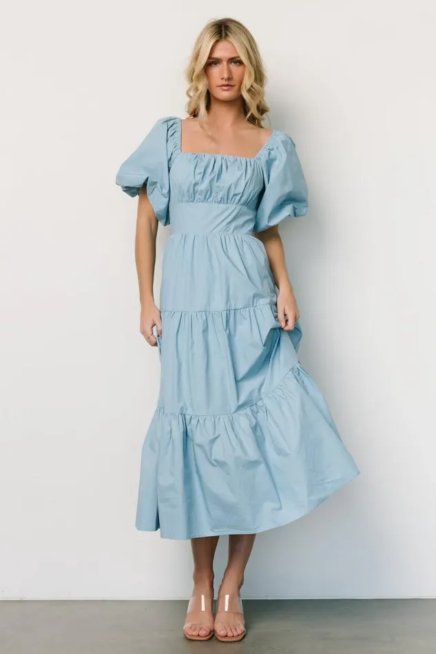 Women Cindy Puff Sleeve Tiered Dress Blue Baltic Born Midi Dresses Women Cindy Puff Sleeve Tiered Dress Blue Baltic Born Midi Dresses