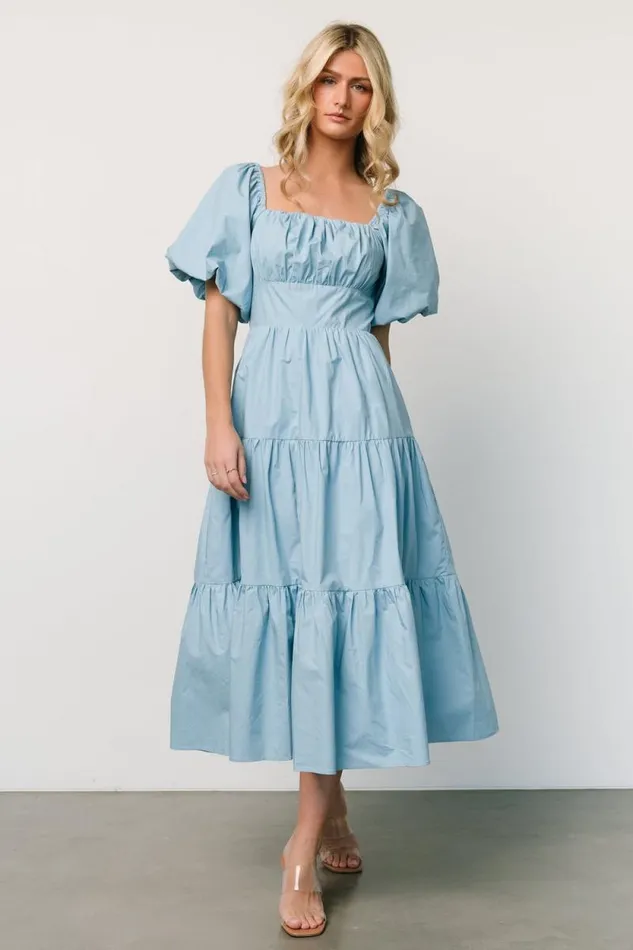 Women Cindy Puff Sleeve Tiered Dress Blue Baltic Born Midi Dresses Women Cindy Puff Sleeve Tiered Dress Blue Baltic Born Midi Dresses