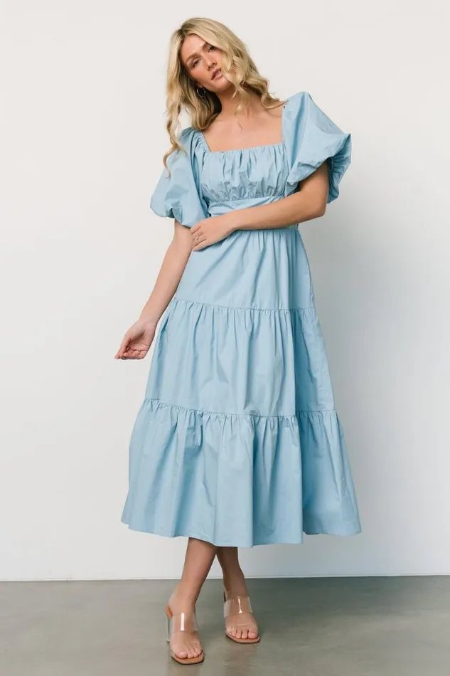 Women Cindy Puff Sleeve Tiered Dress Blue Baltic Born Midi Dresses Women Cindy Puff Sleeve Tiered Dress Blue Baltic Born Midi Dresses