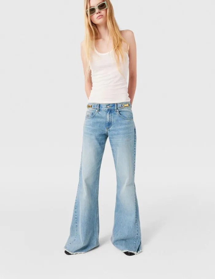 Women ClaspEmbellished LowRise Flared Jeans Vintage Wash Blue Denim Stella McCartney Pants And Shorts Women ClaspEmbellished LowRise Flared Jeans Vintage Wash Blue Denim Stella McCartney Pants And Shorts