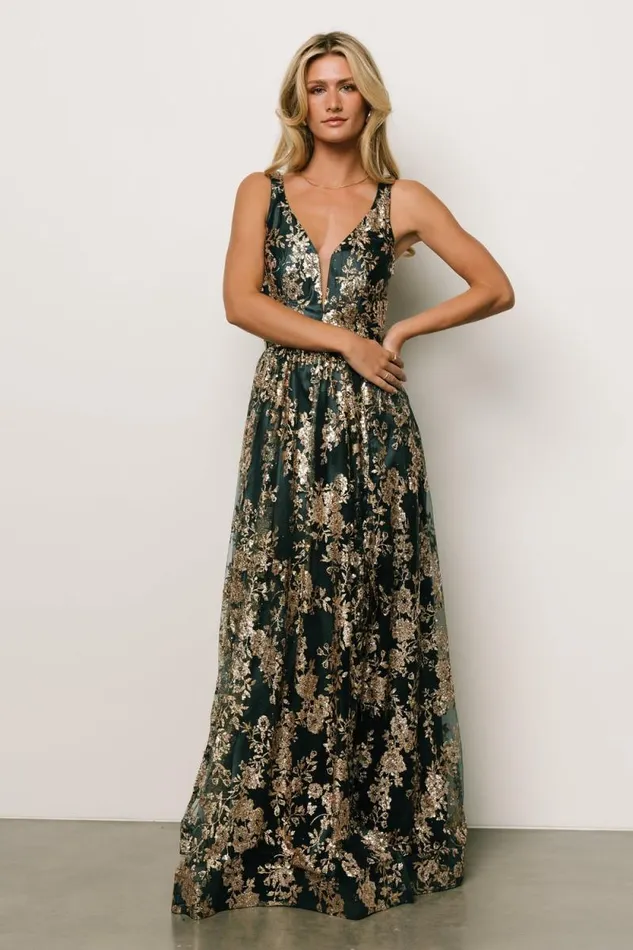 Women Cosette Sequin Shimmer Gown Emerald Gold Baltic Born Embellished and Sequined