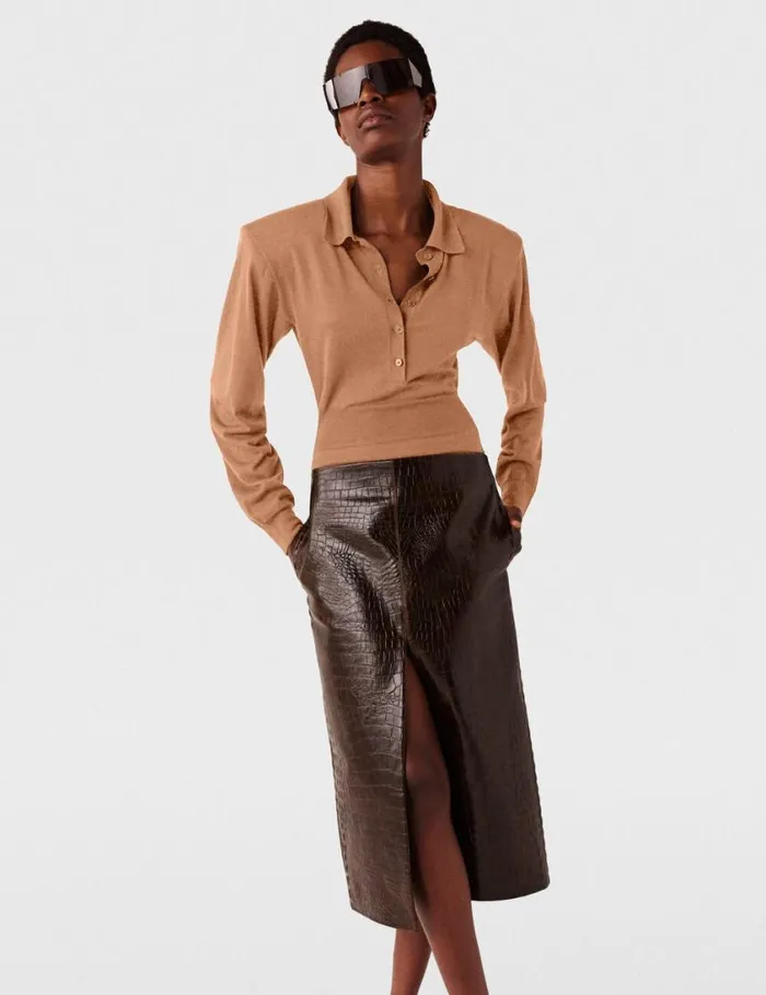 Women Crocodile Embossed Midi Skirt Mocha Brown Stella McCartney Skirts Women Crocodile Embossed Midi Skirt Mocha Brown Stella McCartney Skirts