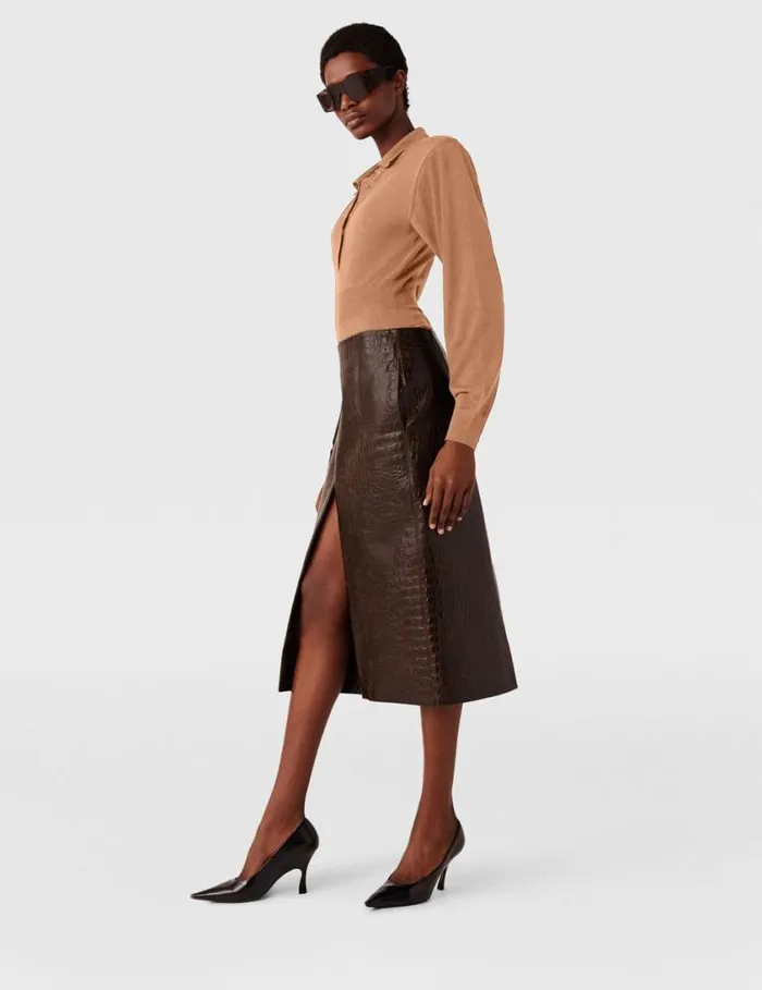 Women Crocodile Embossed Midi Skirt Mocha Brown Stella McCartney Skirts Women Crocodile Embossed Midi Skirt Mocha Brown Stella McCartney Skirts