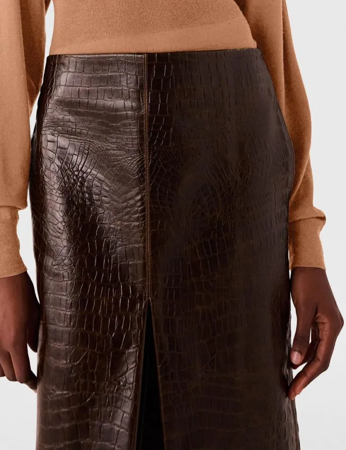 Women Crocodile Embossed Midi Skirt Mocha Brown Stella McCartney Skirts Women Crocodile Embossed Midi Skirt Mocha Brown Stella McCartney Skirts