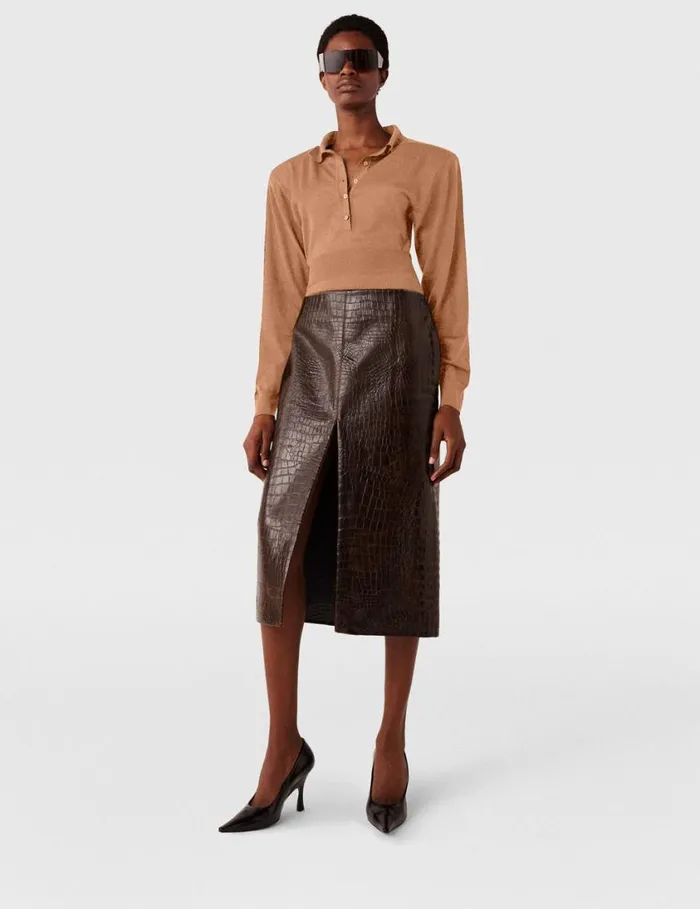 Women Crocodile Embossed Midi Skirt Mocha Brown Stella McCartney Skirts Women Crocodile Embossed Midi Skirt Mocha Brown Stella McCartney Skirts