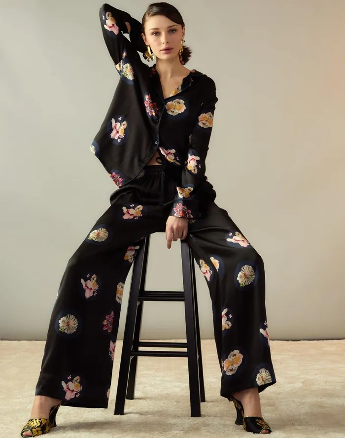 Women Cynthia Rowley Bottoms Moonlit Petal Silk Pant Blkfl