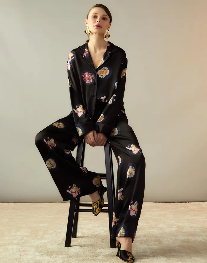 Women Cynthia Rowley Bottoms Moonlit Petal Silk Pant Blkfl Women Cynthia Rowley Bottoms Moonlit Petal Silk Pant Blkfl