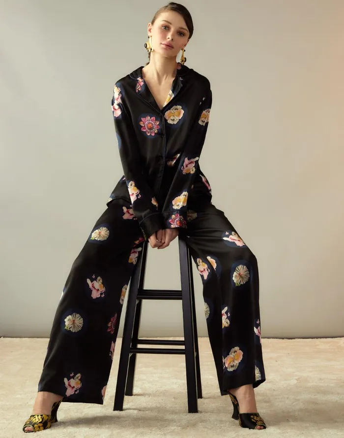 Women Cynthia Rowley Bottoms Moonlit Petal Silk Pant Blkfl Women Cynthia Rowley Bottoms Moonlit Petal Silk Pant Blkfl