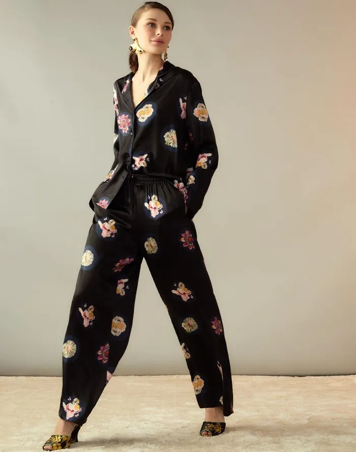 Women Cynthia Rowley Bottoms Moonlit Petal Silk Pant Blkfl Women Cynthia Rowley Bottoms Moonlit Petal Silk Pant Blkfl