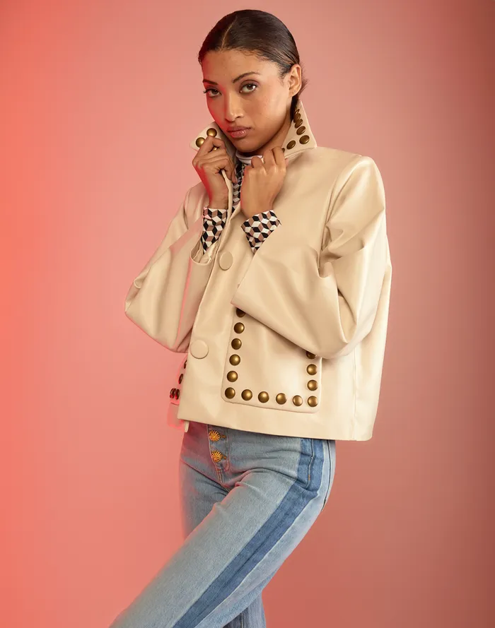 Women Cynthia Rowley Outerwear Studded Vegan Leather Jacket Cream Women Cynthia Rowley Outerwear Studded Vegan Leather Jacket Cream