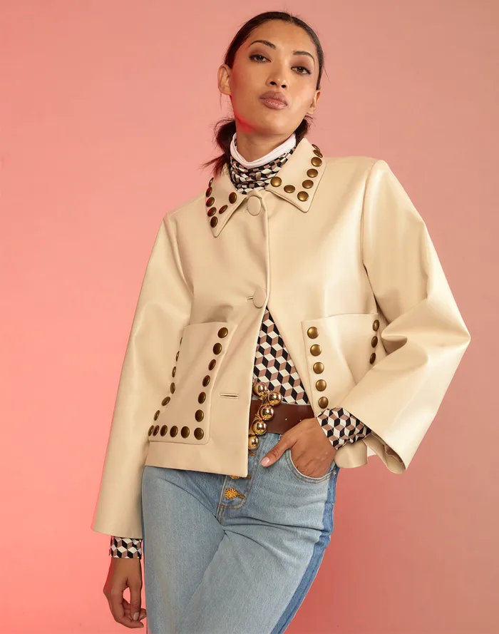 Women Cynthia Rowley Outerwear Studded Vegan Leather Jacket Cream Women Cynthia Rowley Outerwear Studded Vegan Leather Jacket Cream