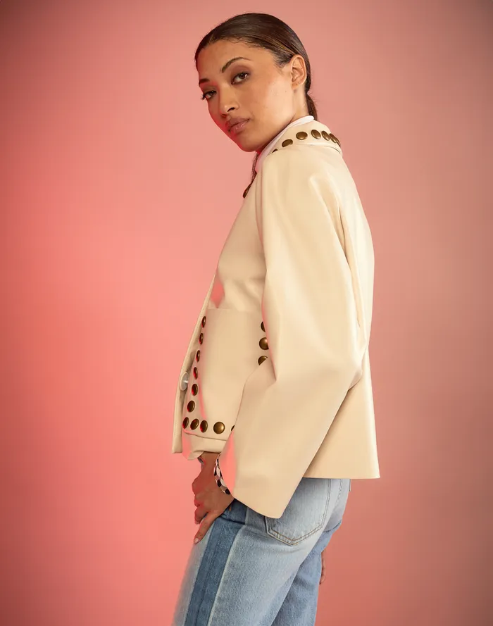 Women Cynthia Rowley Outerwear Studded Vegan Leather Jacket Cream Women Cynthia Rowley Outerwear Studded Vegan Leather Jacket Cream