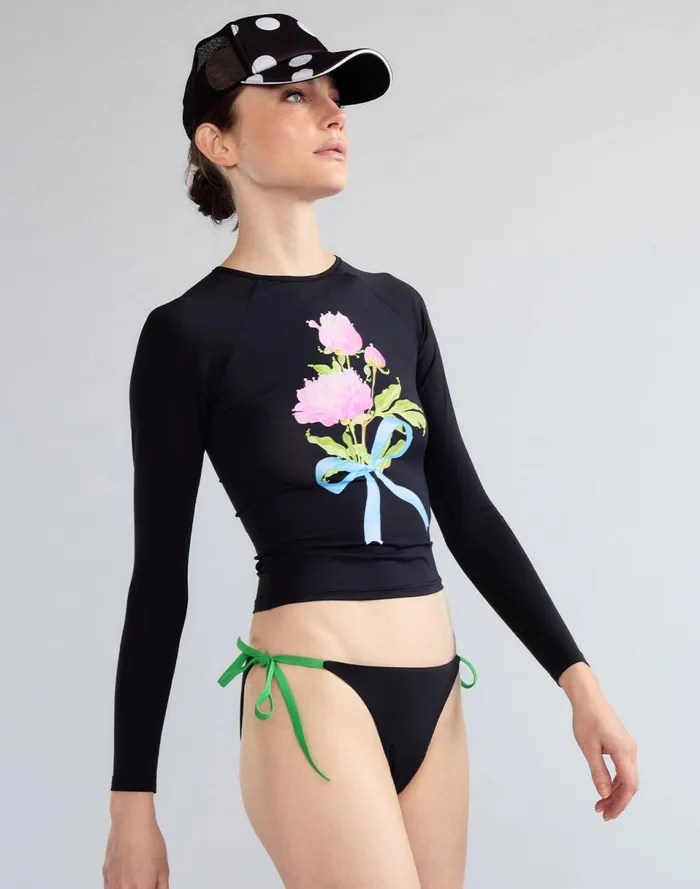 Women Cynthia Rowley Swim Bouquet Ribbon Rashguard Blkfl Women Cynthia Rowley Swim Bouquet Ribbon Rashguard Blkfl