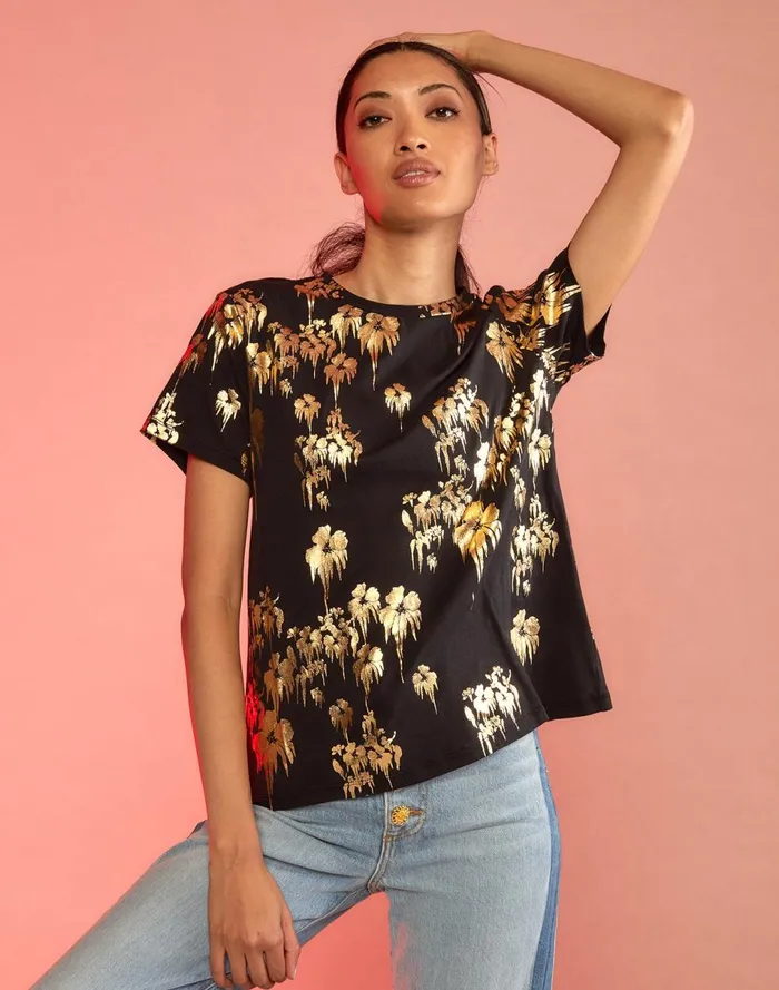 Women Cynthia Rowley Tops Gold Foil TShirt Blkgld Women Cynthia Rowley Tops Gold Foil TShirt Blkgld