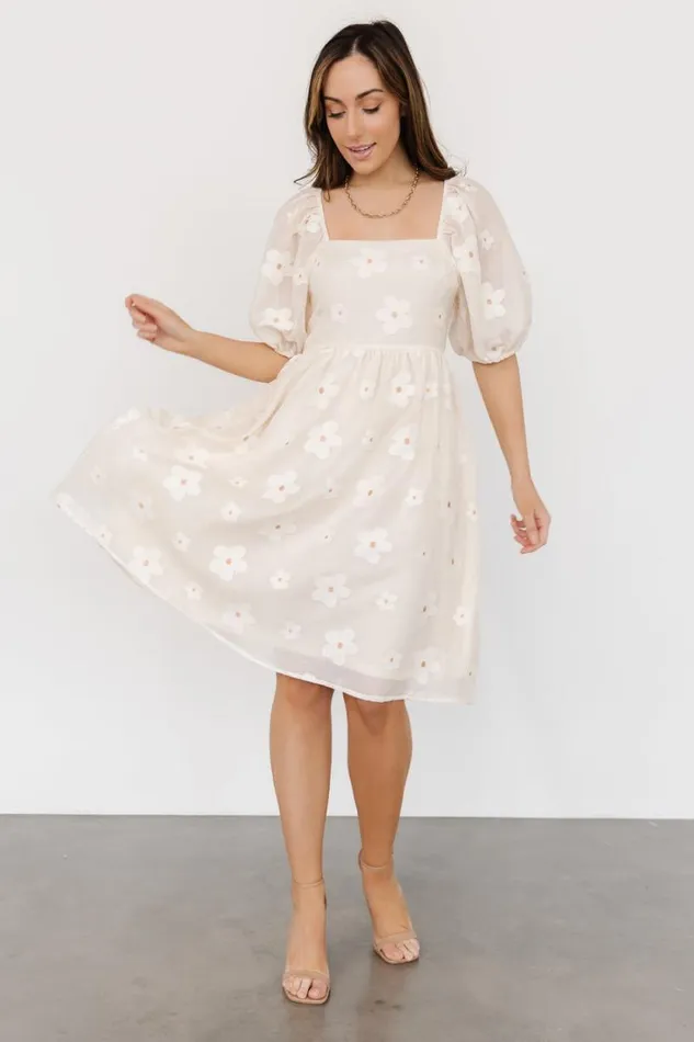 Women Daisy Short Dress Vintage Cream Floral Baltic Born Bump Friendly