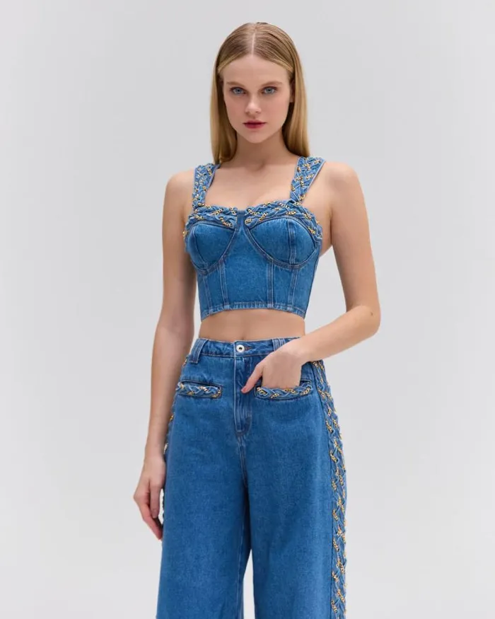 Women Denim PatBO Braided Denim Cropped Top Denim