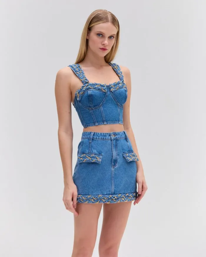 Women Denim PatBO Braided Denim Cropped Top Denim