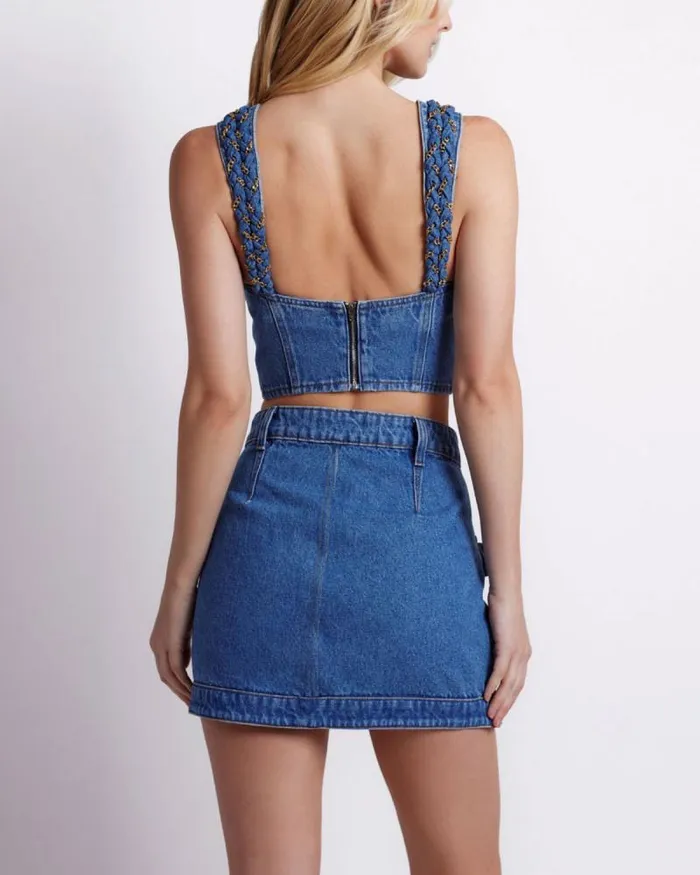 Women Denim PatBO Braided Denim Cropped Top Denim