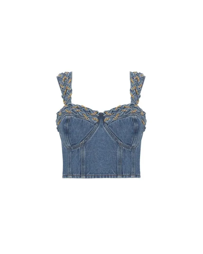 Women Denim PatBO Braided Denim Cropped Top Denim
