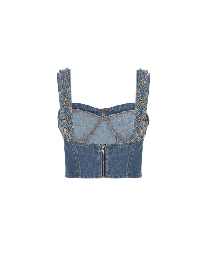 Women Denim PatBO Braided Denim Cropped Top Denim