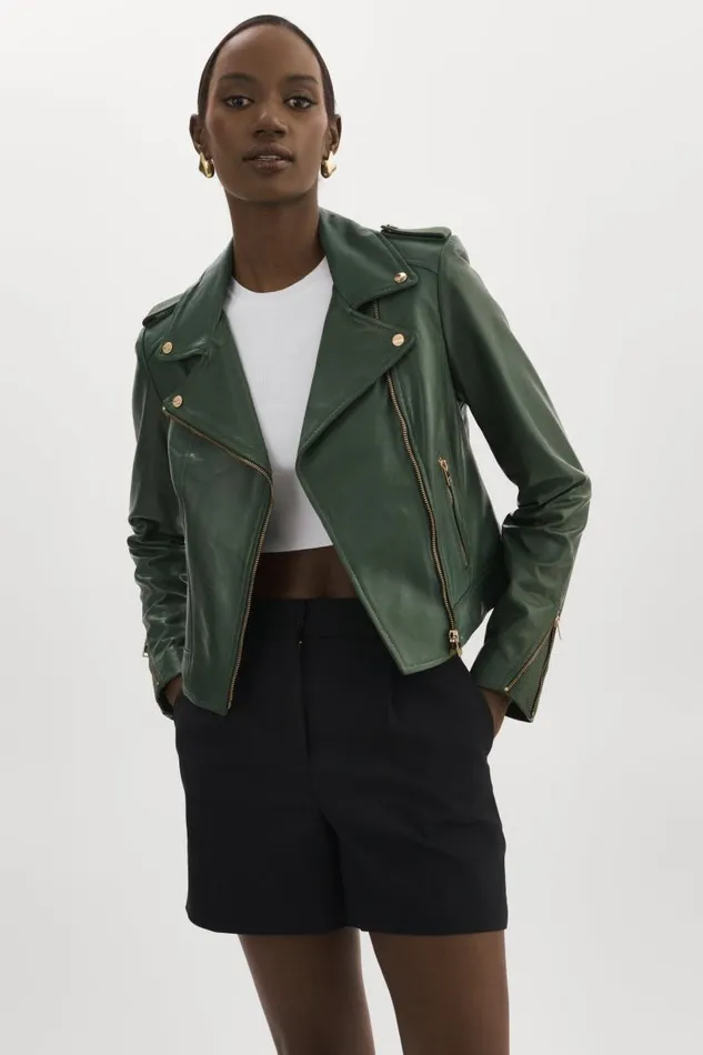 Women DONNA GOLD Iconic Leather Biker Jacket Alpine Green LAMARQUE Biker Jackets