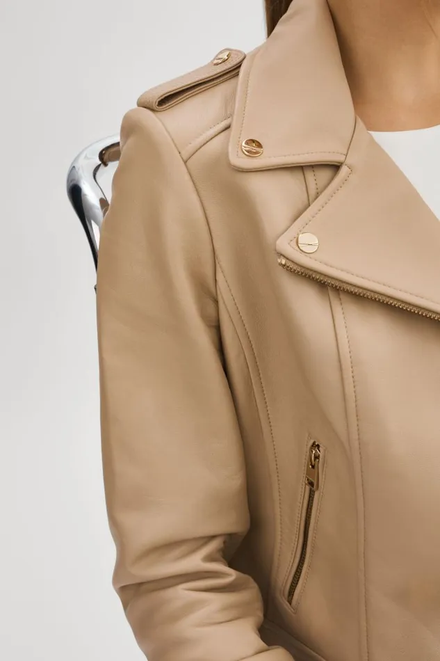 Women DONNA GOLD Iconic Leather Biker Jacket Wheat LAMARQUE Leather Jackets