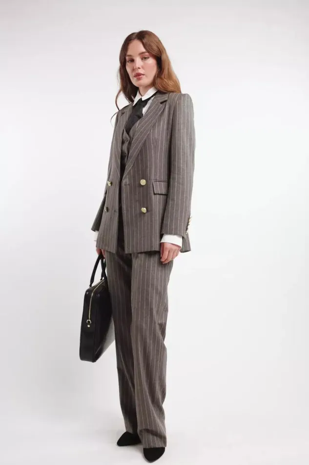 Women Double Breasted Blazer Soft Grey Pinstripe Holland Cooper Tailoring