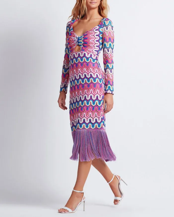 Women Dresses and Jumpsuits PatBO CROCHET CUTOUT FRINGE TRIM MIDI DRESS FINAL SALE Pink Multi