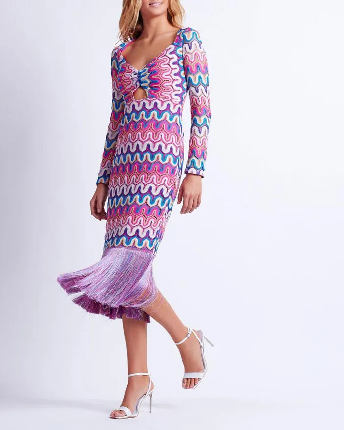 Women Dresses and Jumpsuits PatBO CROCHET CUTOUT FRINGE TRIM MIDI DRESS FINAL SALE Pink Multi