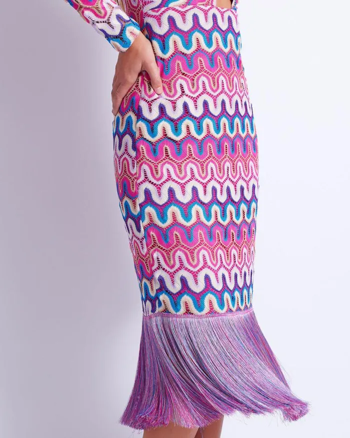 Women Dresses and Jumpsuits PatBO CROCHET CUTOUT FRINGE TRIM MIDI DRESS FINAL SALE Pink Multi