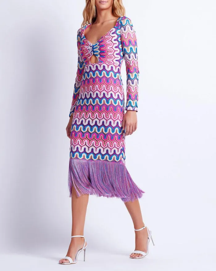 Women Dresses and Jumpsuits PatBO CROCHET CUTOUT FRINGE TRIM MIDI DRESS FINAL SALE Pink Multi