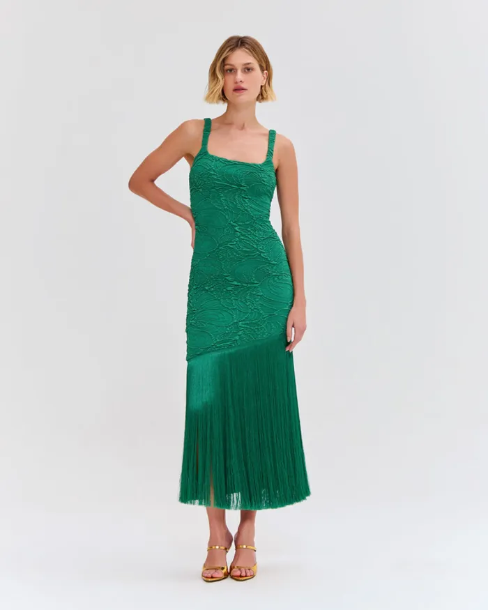 Women Dresses and Jumpsuits PatBO Jacquard Fringe Maxi Dress FINAL SALE Emerald