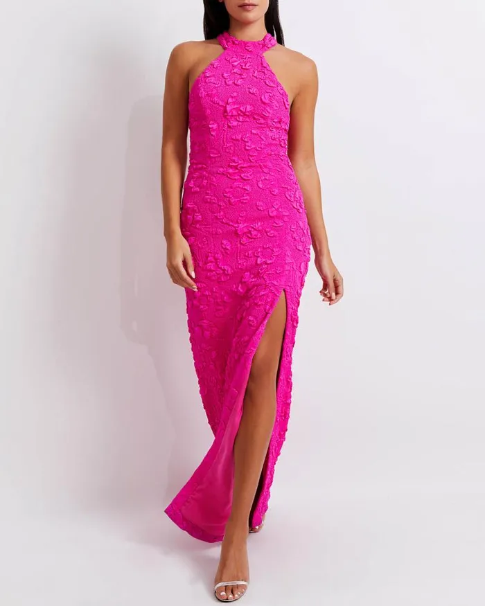 Women Dresses and Jumpsuits PatBO Stretch Jacquard High Neck Maxi Dress FINAL SALE Neon Pink